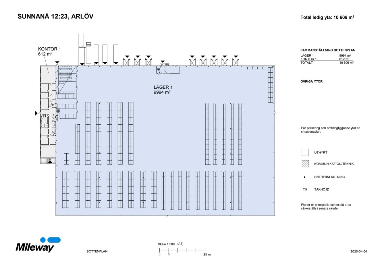 Planritning över en industrifastighet med kontorsutrymmen, stort lager, lagerhyllor, parkering, entréer; märkt med mått och total yta.