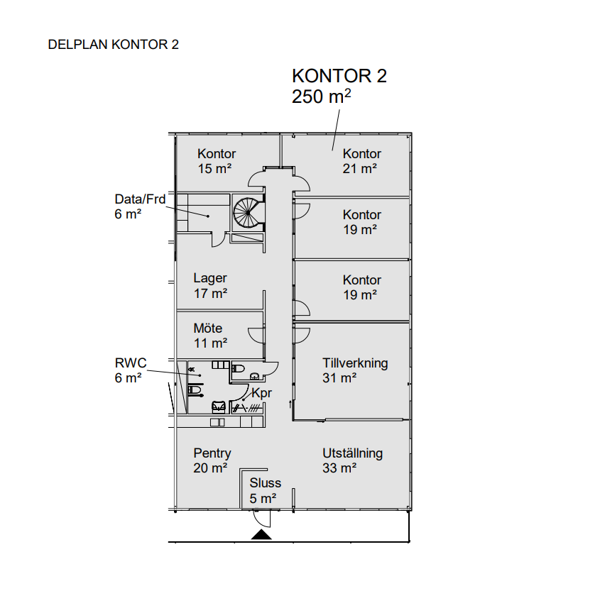 Planritning över KONTOR 2 kontorslokaler, 250 m², som visar märkta rum inklusive kontor, mötesrum, kök, toalett, förråd, utställning och tillverkningsutrymmen med storlekar i m².