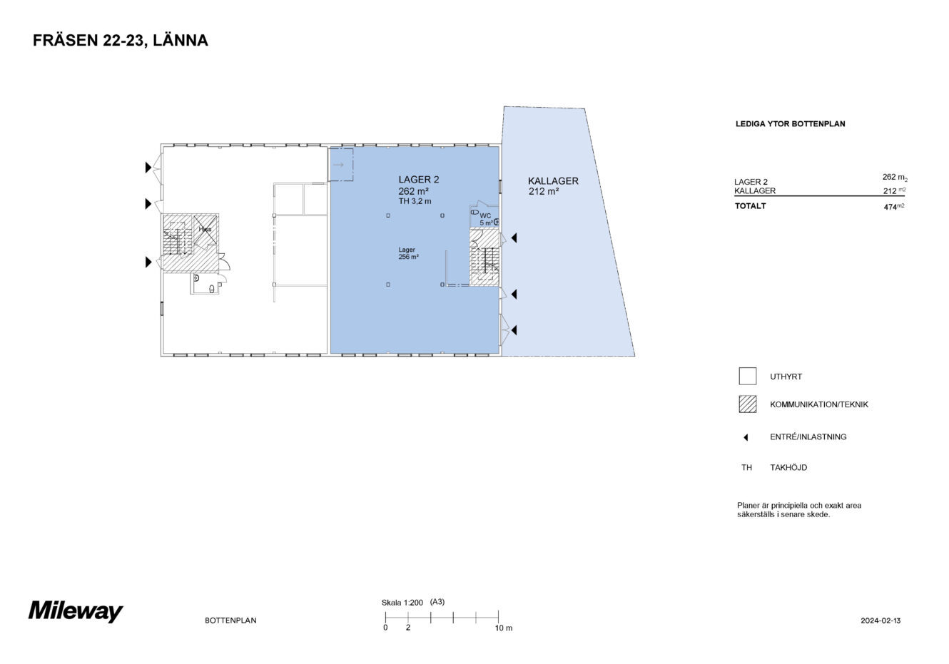 Planritning över en lagerbyggnad med två huvudsakliga lagerutrymmen, en kylrumsdel, entré och tekniska utrymmen, med mått på total yta och teckenförklaring inkluderade.