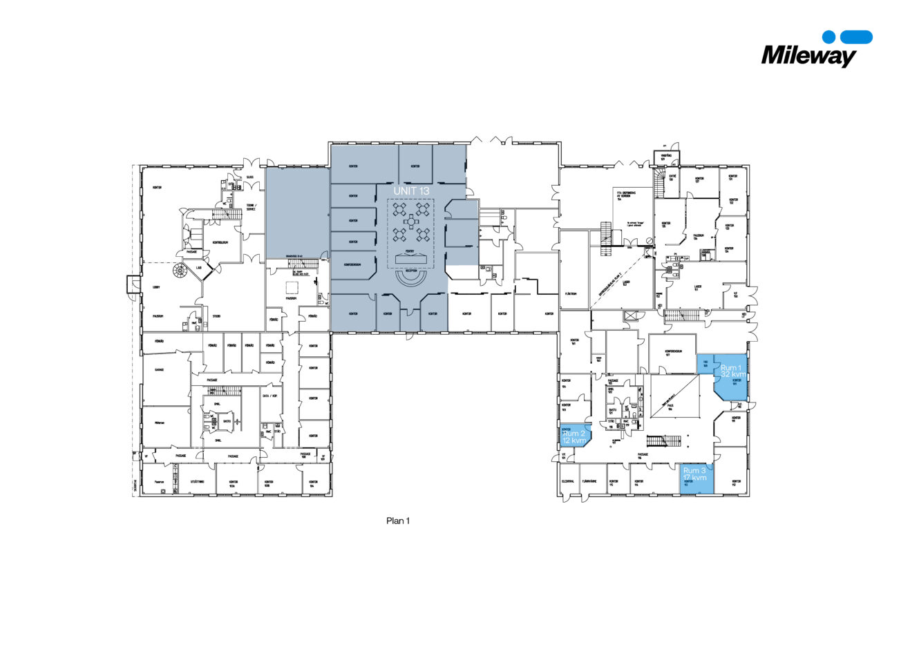 Planritning över en kommersiell byggnad med olika rum; enheter i mörkblått och ljusblått är markerade, med Mileways logotyp i det övre högra hörnet.
