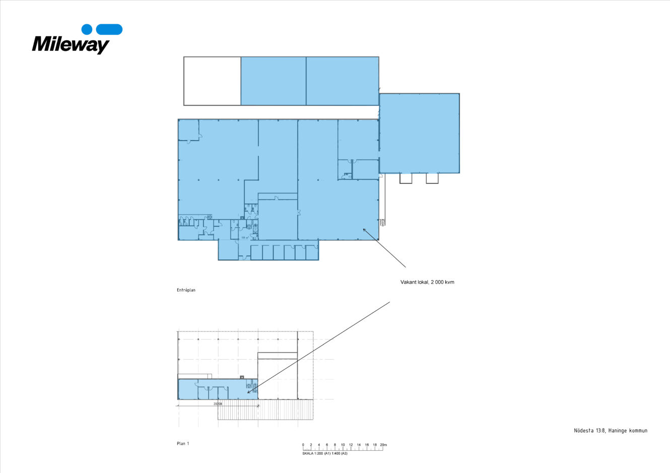 Planritning över en byggnad med beteckningen Mileway, som visar en 2 088 kvm stor yta på huvudplanet med rum, entré och en översiktskarta för platsens sammanhang.