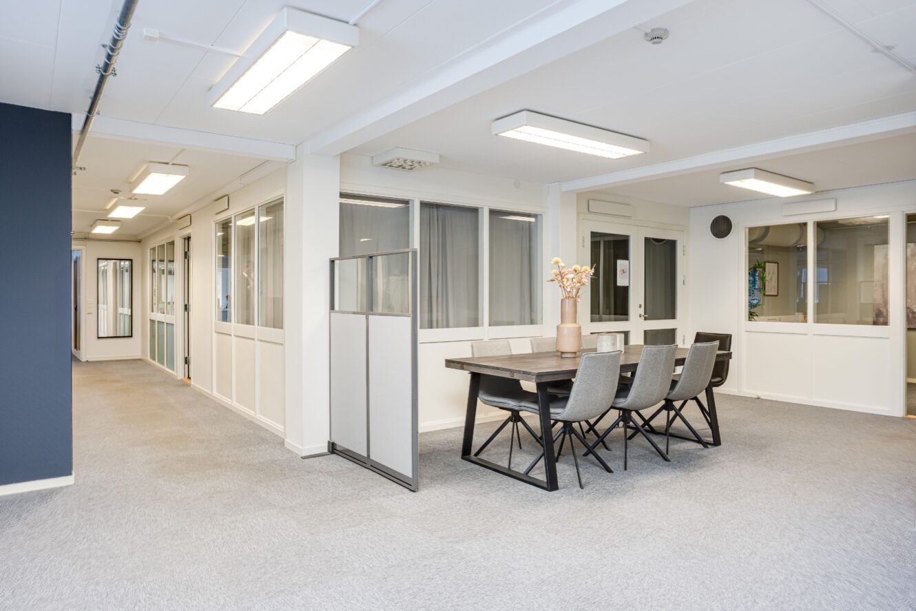 Modernt kontorslandskap med en hall, rum med glasväggar och ett konferensbord med sex stolar och en vas med blommor ovanpå. Stark belysning och neutrala färger dominerar scenen.