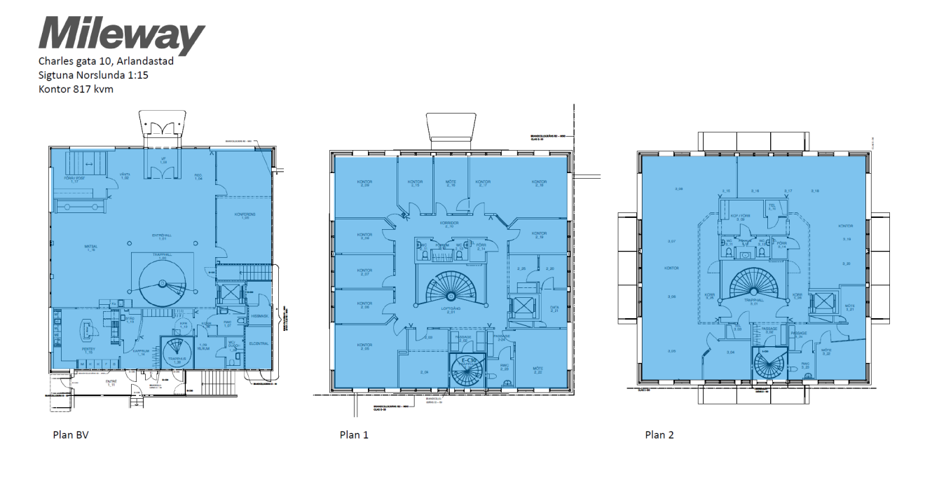 Tre arkitektritade planritningar för en byggnad på Charles gatan 10, Arlandastad, benämnda Plan BV, Plan 1 och Plan 2, med områden markerade med blått.