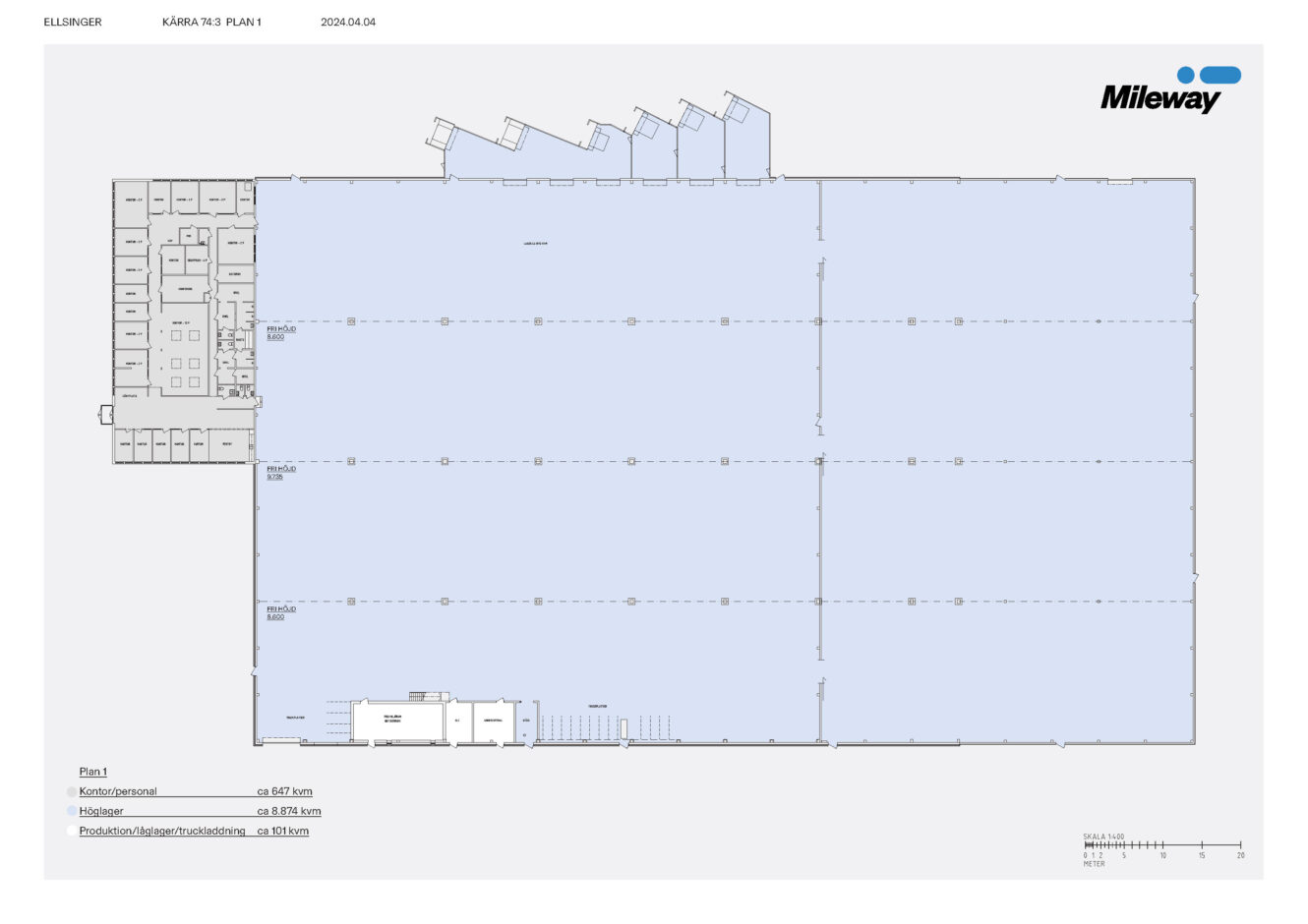 Planritning över en stor lagerlokal med kontorsutrymmen uppe till vänster, lastkajer längs den övre kanten och öppna lagerutrymmen i huvuddelen. Mileways logotyp i övre högra hörnet.