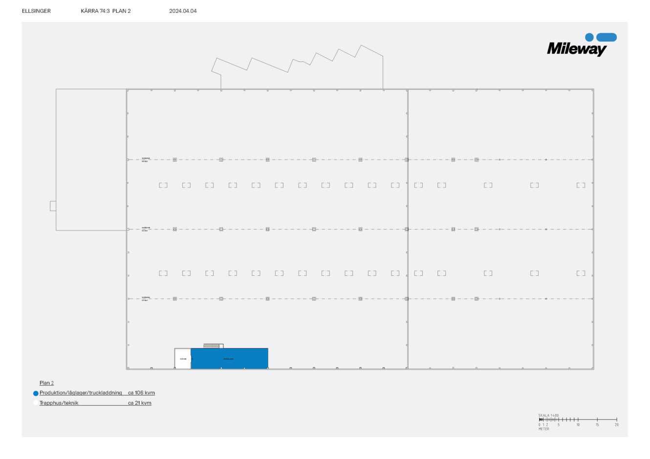 Planritning över en stor lagerlokal med en sektion markerad i blått, märkt Einheit 2 längst ned till vänster och Mileways logotyp i övre högra hörnet.