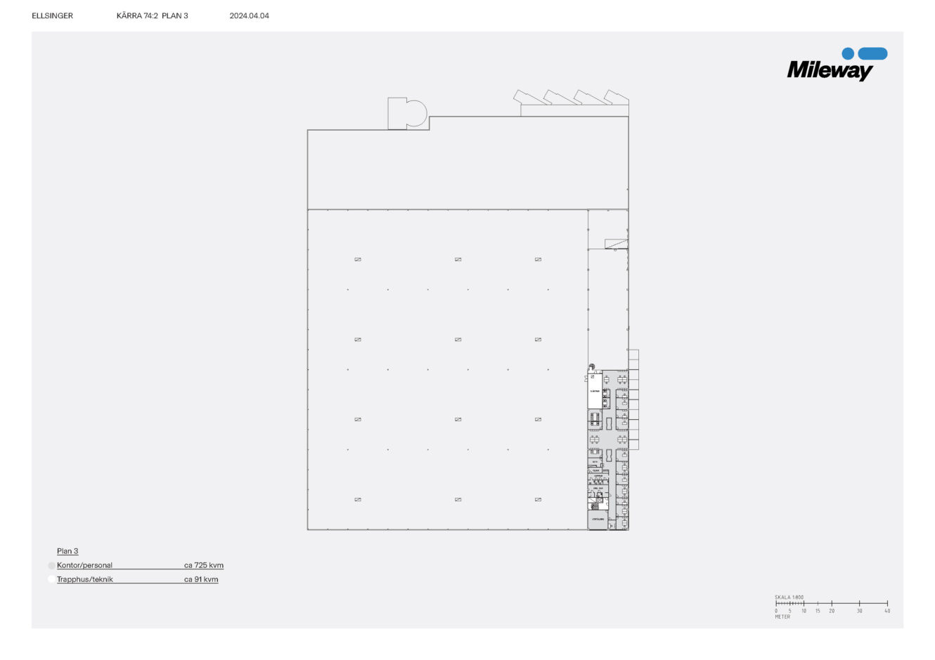 En planritning över en stor rektangulär byggnad märkt "Kårra 742" med kontor och faciliteter på höger sida och Mileways logotyp i det övre högra hörnet.