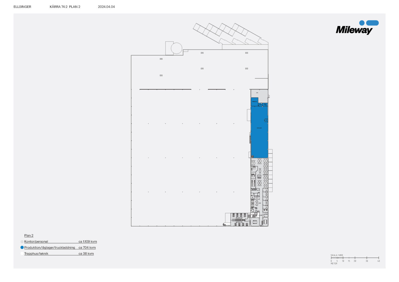 En planritning av en byggnad märkt ELLERINGER KÄRNA 742 PLAN 2, med blåmarkerade områden och en Mileway-logotyp i det övre högra hörnet.