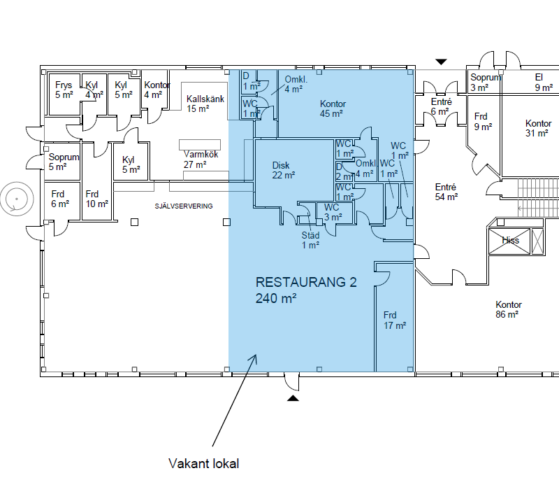 Planritning som visar rum, förråd och kontor. Restaurang 2 området (240 m²) är markerat med blått. En pil pekar på ett ledigt utrymme märkt Vakant lokal.