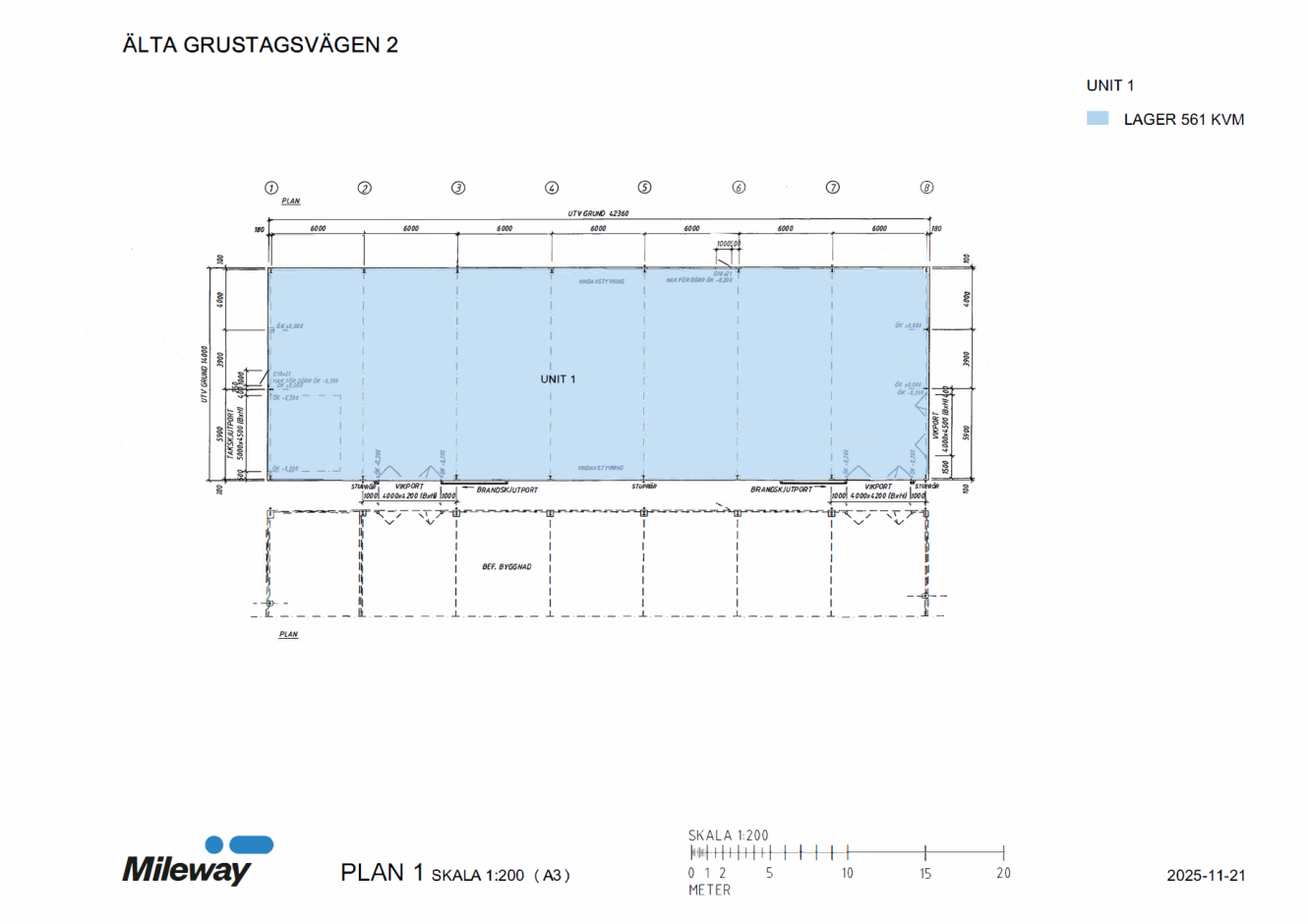 Arkitektonisk planritning märkt "Älta Grustagsvägen 2" som visar ett stort blåmarkerat område märkt "Unit 1 Lager 561 kvm" med skala och mått.