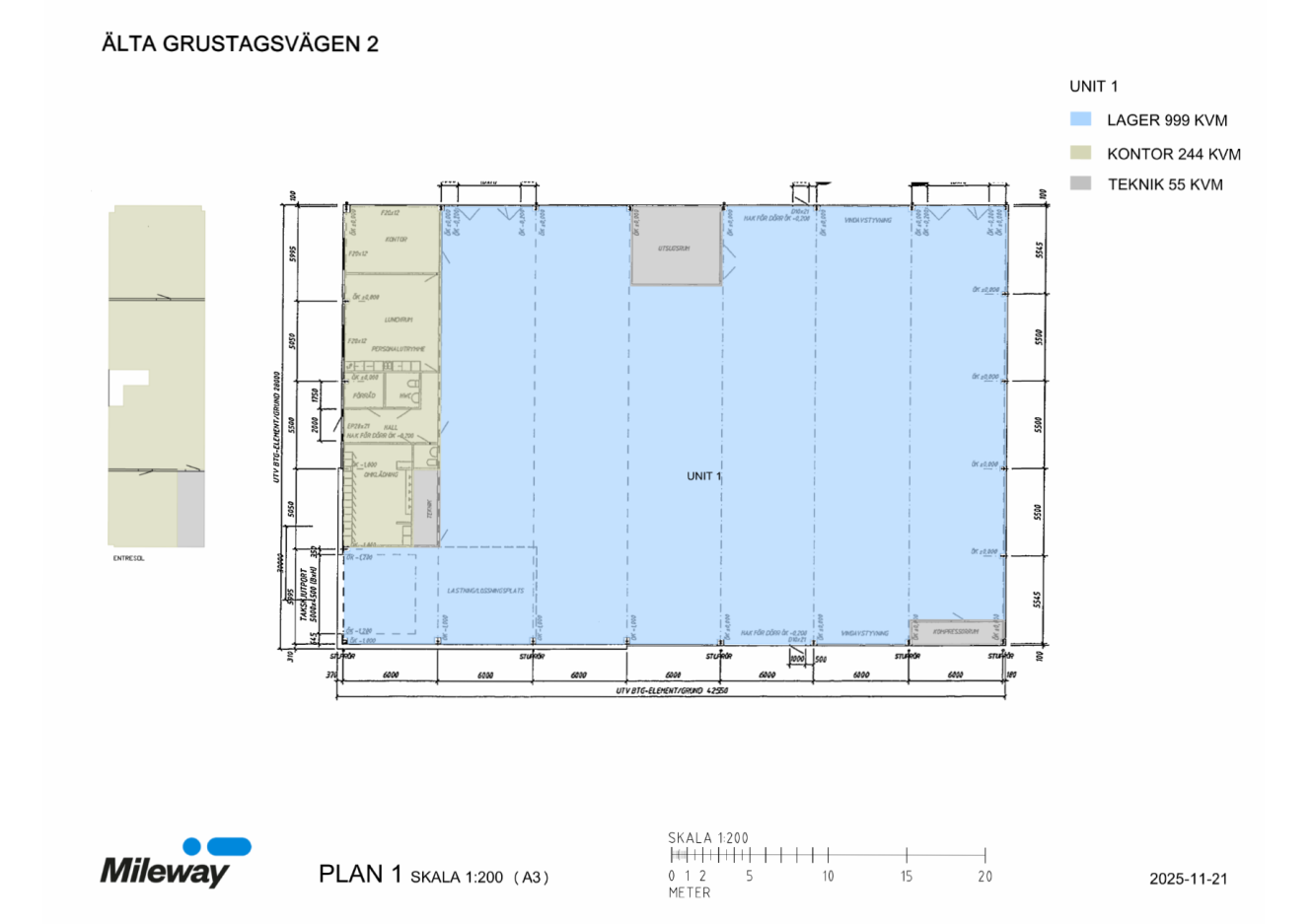 Planritning över en lagerlokal märkt Älta Grustagsvägen 2, som visar lager-, kontors- och teknikutrymmen med mått; Mileways logotyp längst ned till vänster; datum 2025-11-21.