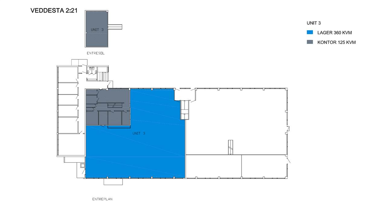 Planritning över Vedesta 22:1 som visar Enhet 3, med ett blått område märkt Lager 360 kvm och ett grått område märkt Kontor 125 kvm. Entréer är markerade till vänster och längst ner.