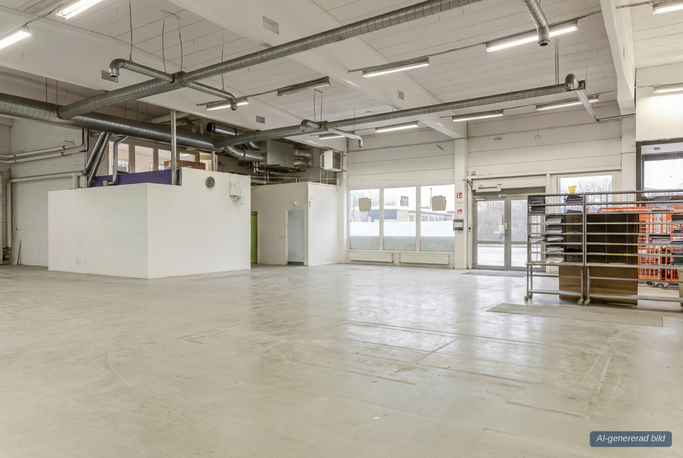 En rymlig, tom industriell eller kommersiell interiör med stora fönster, vita väggar, synliga kanaler, fluorescerande belysning och metallhyllor nära ingången.