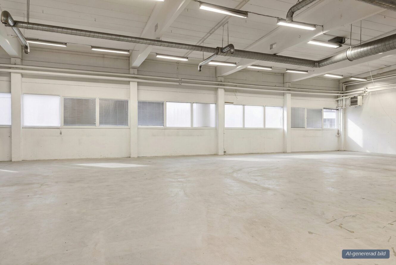 Stort tomt industrilager med vita väggar, stora fönster längs ena sidan, synliga kanaler och betonggolv.