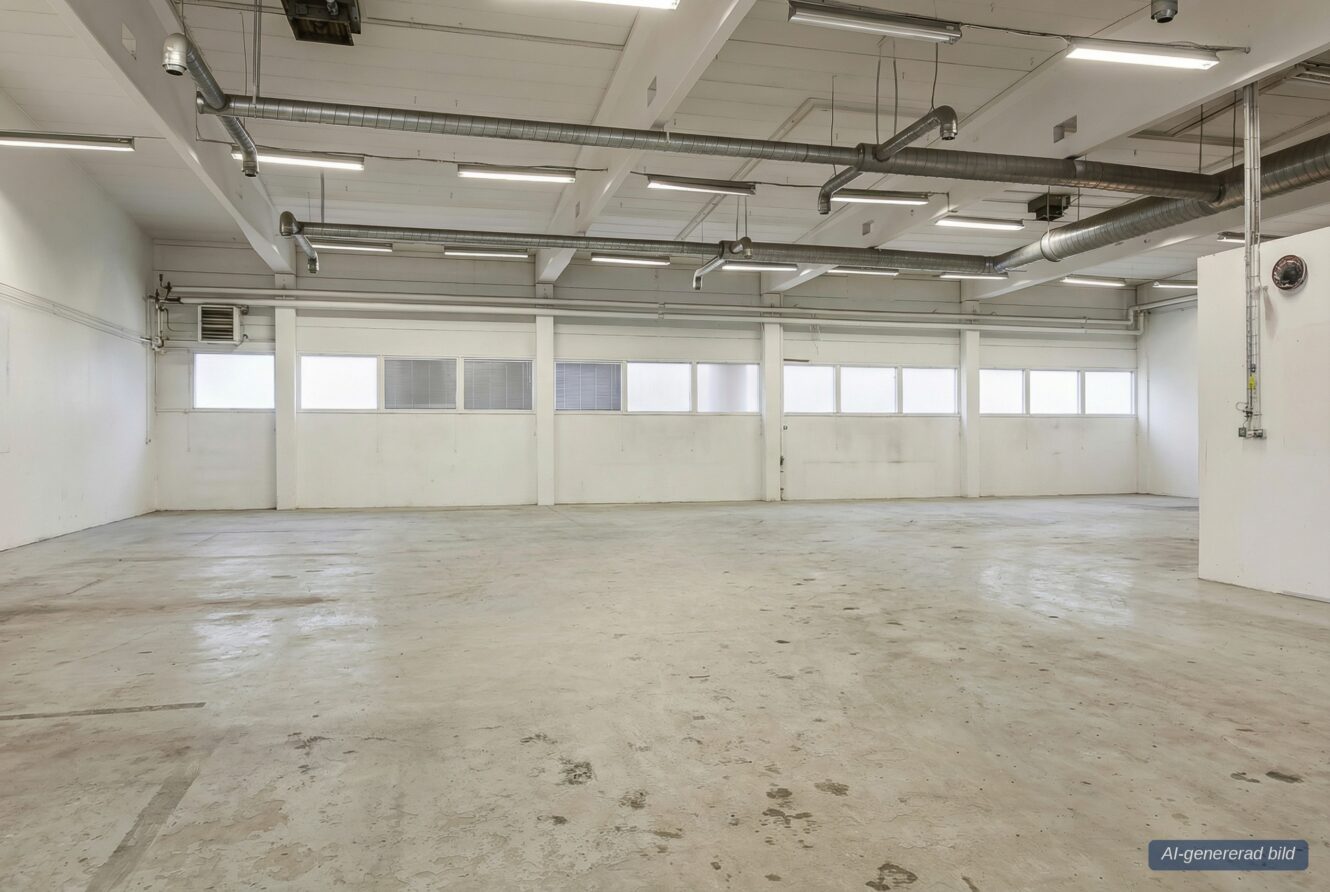 Ett tomt industrilager med vita väggar, högt i tak och synliga ventilationskanaler. Lysrör hänger från taket och fönster finns längs ena väggen.