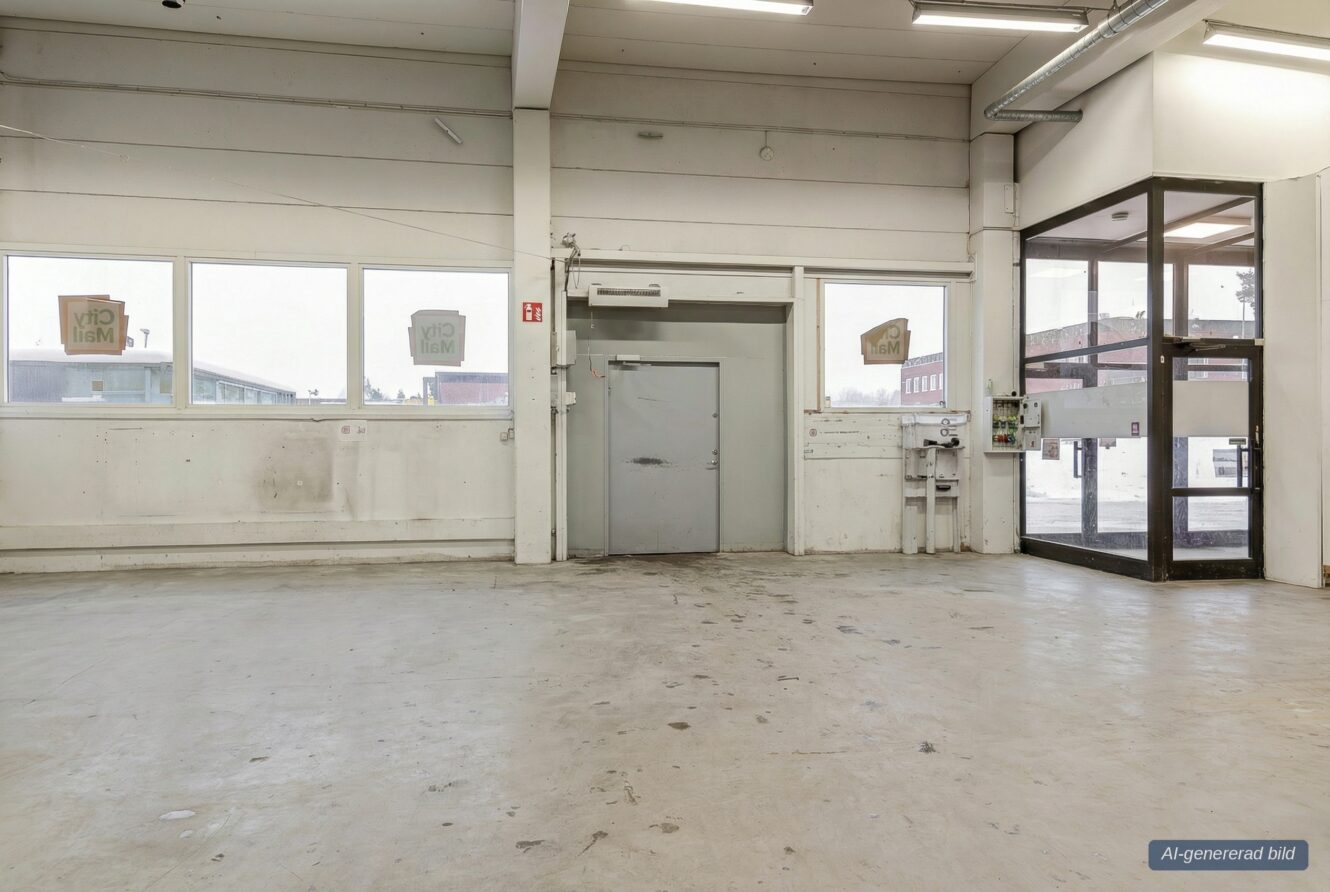 En tom industrilokal med betonggolv, vita väggar, stora fönster och en dubbel metalldörr; naturligt ljus kommer in från fönstren och glasentrén till höger.