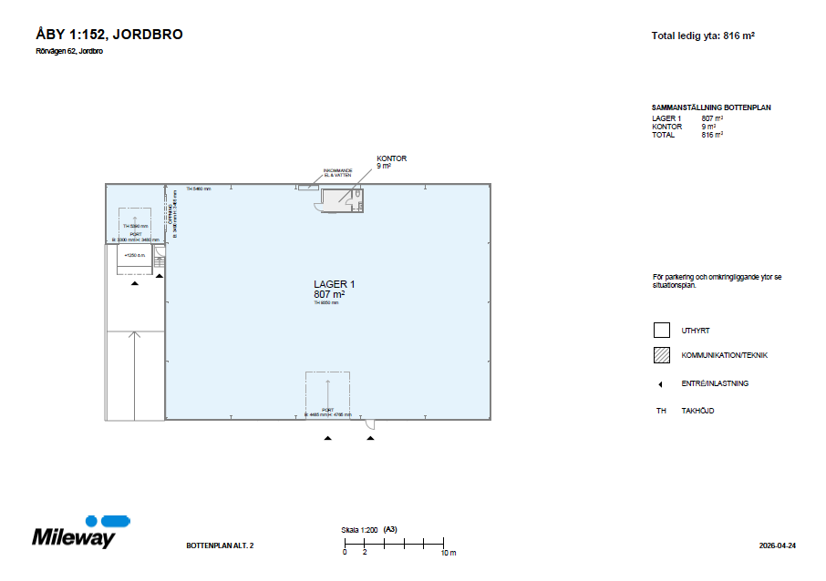 Planritning över en lagerlokal med märkt lager (807 m²), kontor (8 m²), teknikrum, entré och verktyg, samt total yta.