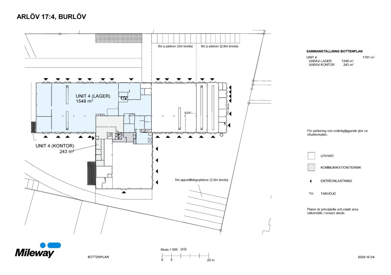 Arkitektonisk planritning över Arlöv 17:4, Burlöv som visar planlösningen för enheter märkta som lager och kontor, parkeringsytor och entréer. Mileways logotyp i nedre vänstra hörnet.