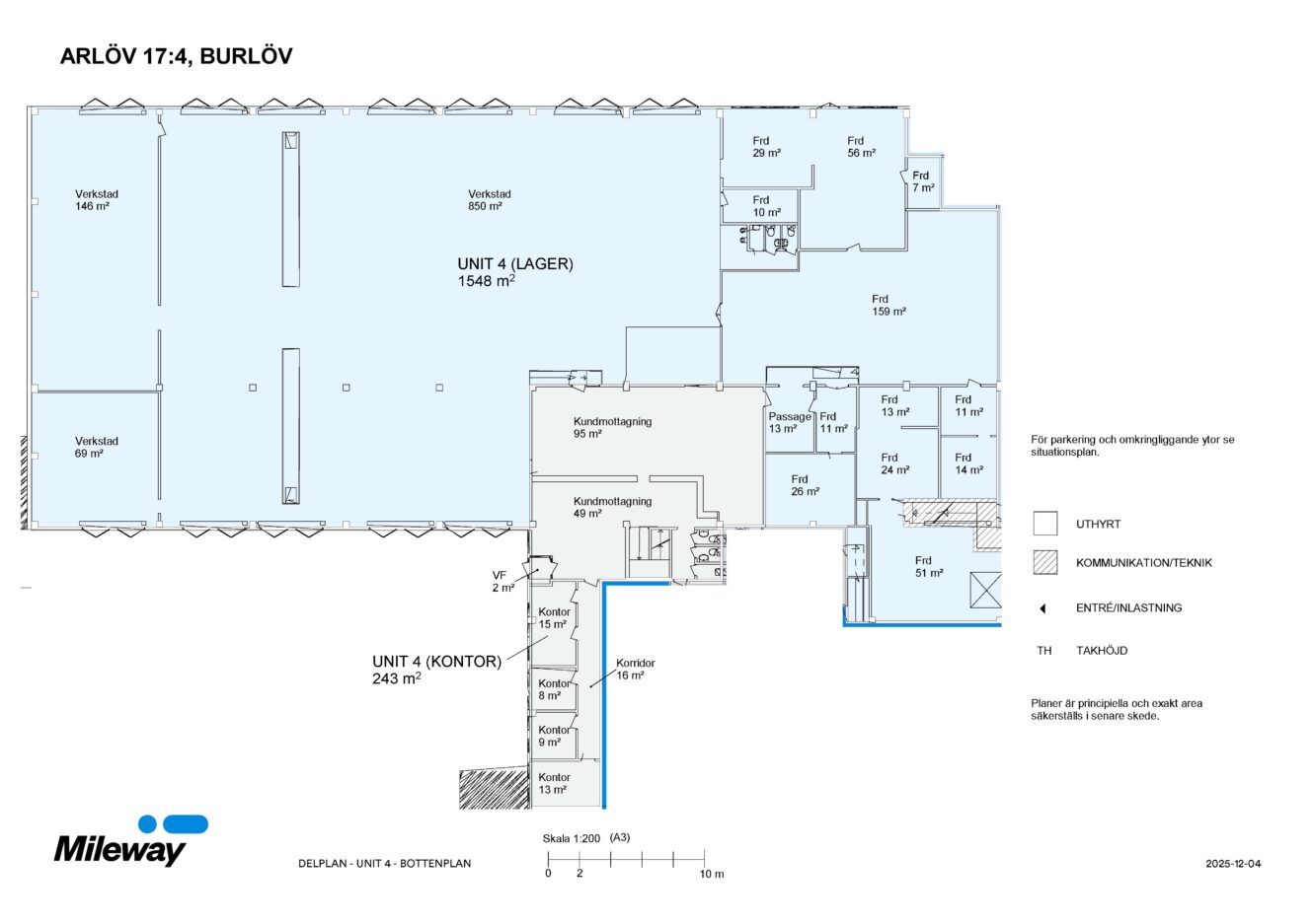 Planritning över en kommersiell byggnad i Arlöv som visar lager, kontor, teknikrum, personalutrymmen samt märkta in- och utgångar. Mileways logotyp längst ner till vänster.