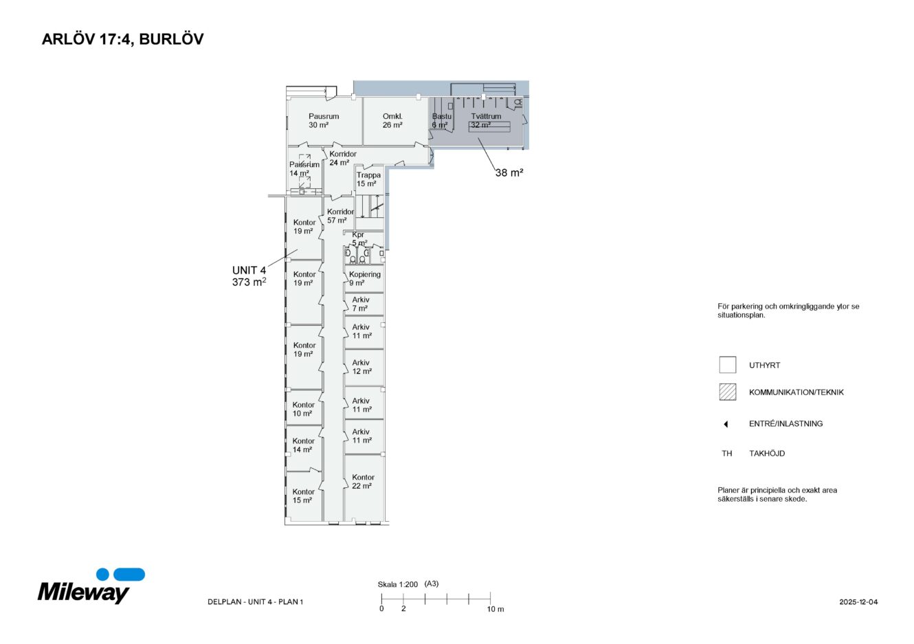 Planritning över en kontorslokal på Arlöv 17:4, Burlöv, som visar olika märkta rum såsom kontor, kök, WC och teknikutrymmen, med totalytan angiven i kvadratmeter.