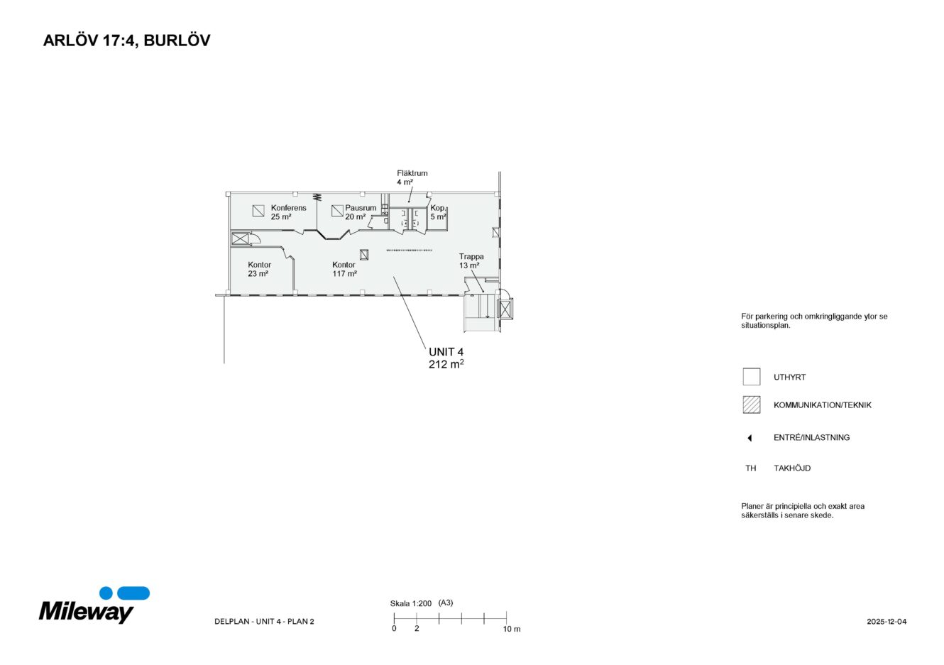 Planritning för ARLÖV 17:4, BOSTAD 4, med rum benämnda kök, kontor och förråd samt mått och teckenförklaring för lägenhetens planlösning och funktioner.
