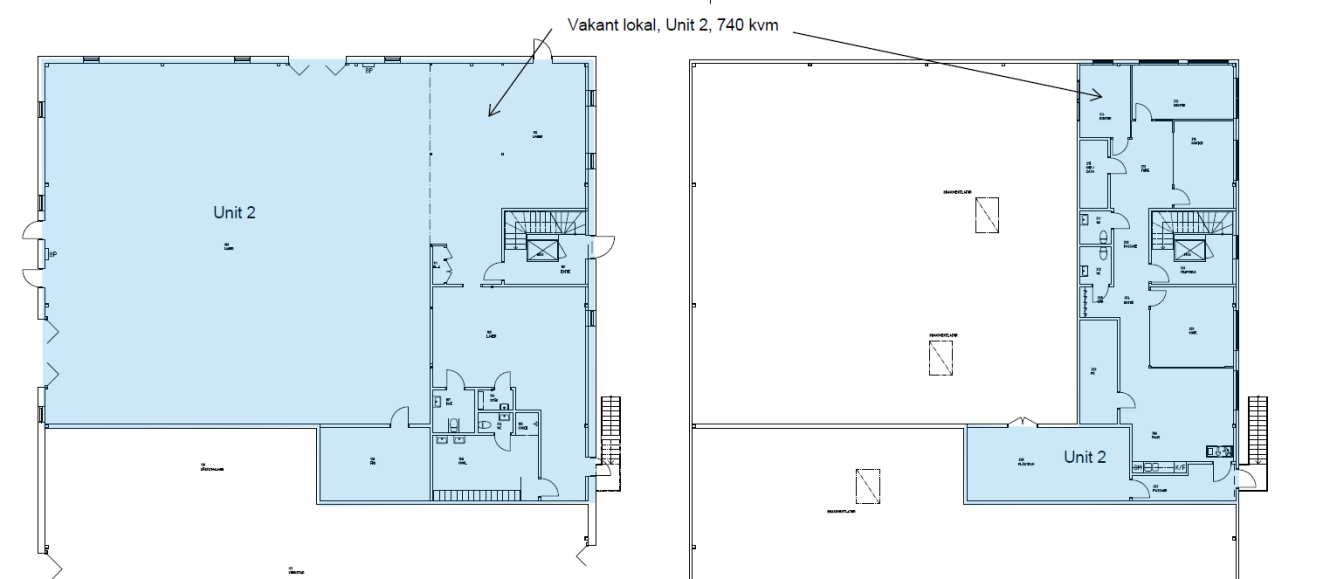 Planritning över Unit 2 med 2.740 kvm markerat som vakant kontorsyta; planritningen visar rum, trapphus och entréer.