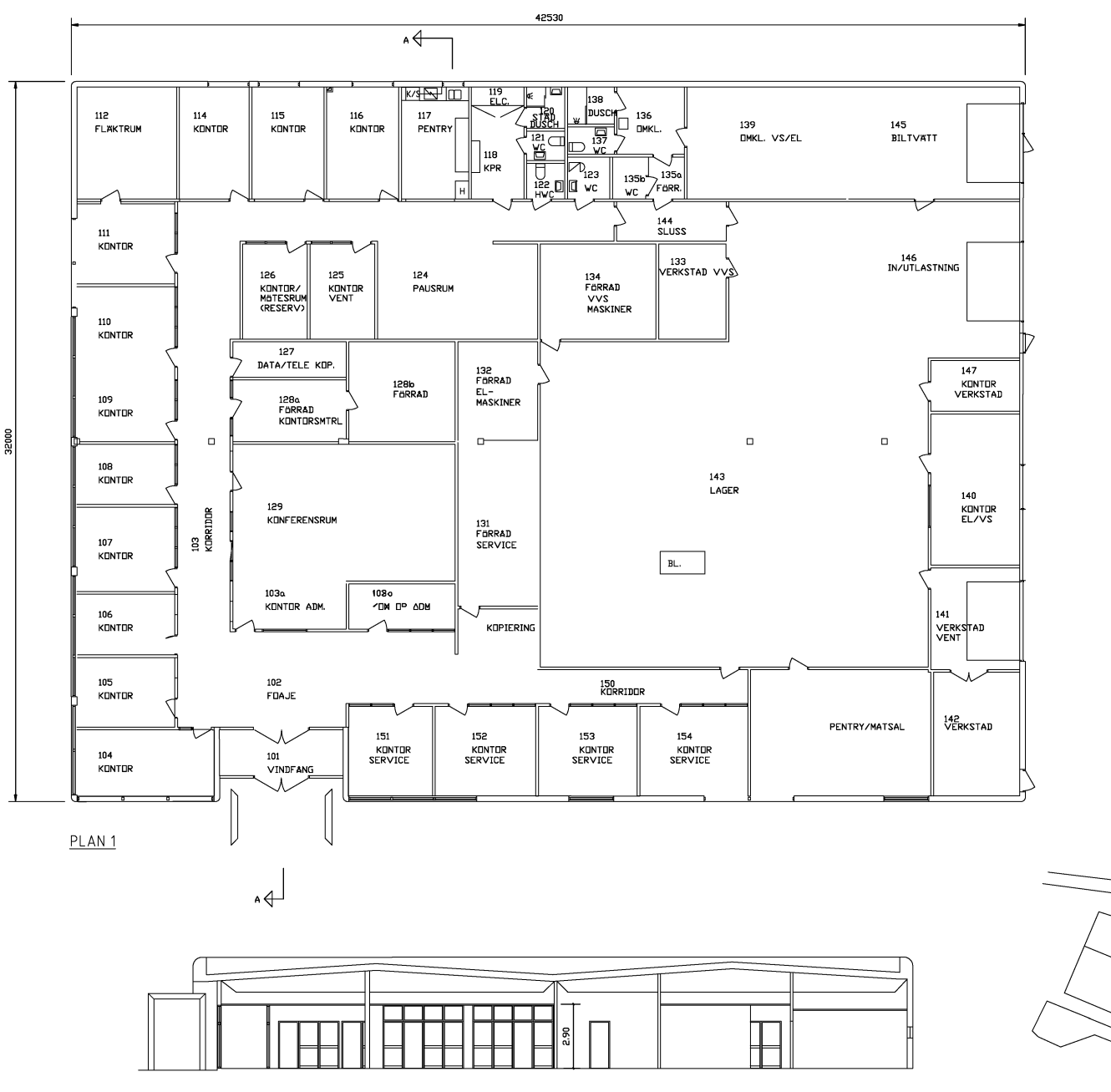 Arkitektonisk planritning och fasadritning av en envåningsbyggnad med märkta rum, ett centralt multifunktionsutrymme och kontor.