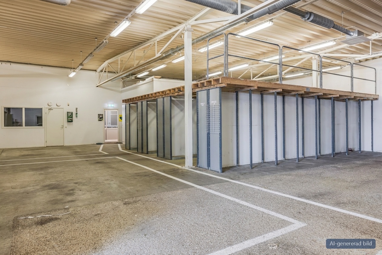 Interiören i ett industrilager präglas av förvaringsenheter i metall, en mellanvåning, vitmålade väggar och parkeringslinjer på golvet.