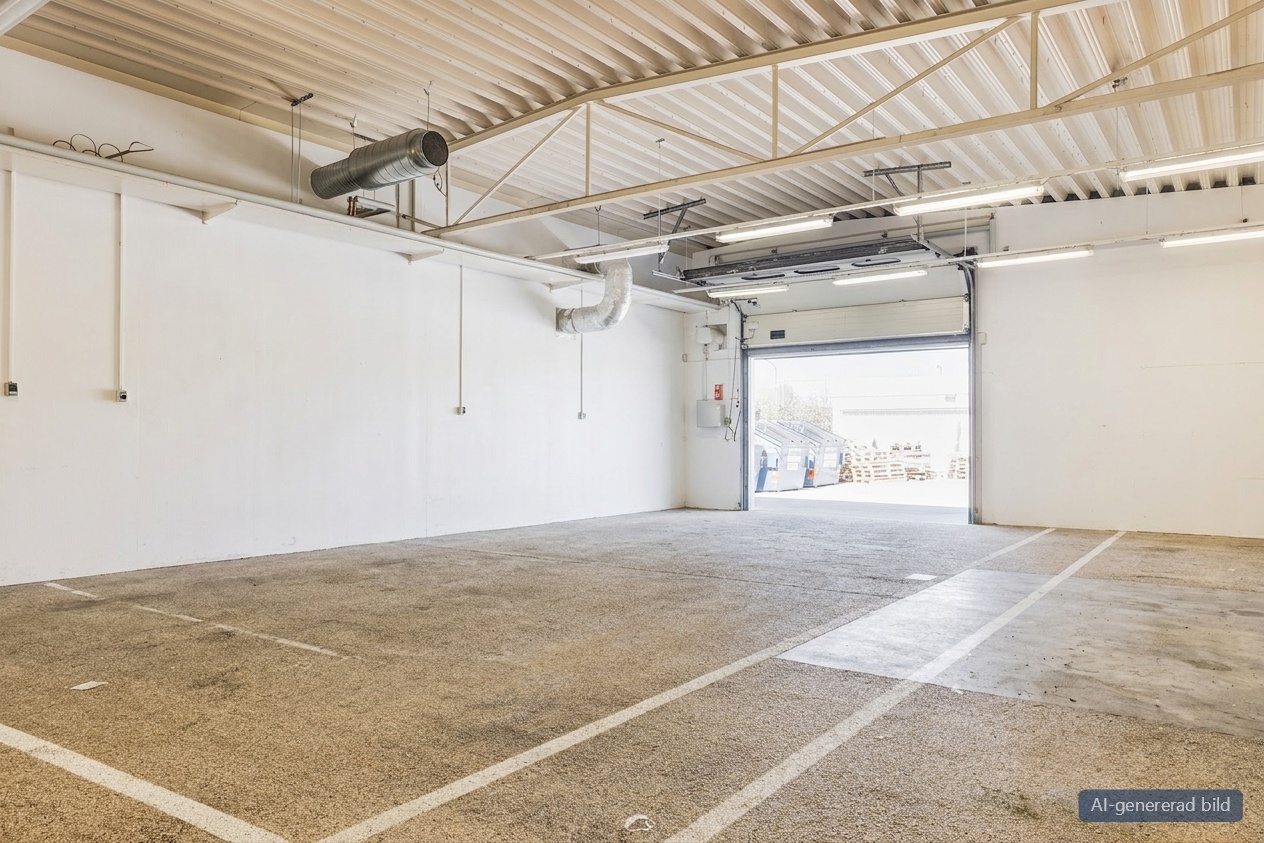 Ett rymligt, tomt garage med vita väggar, synliga rör i taket och en öppen garageport som släpper in naturligt ljus.