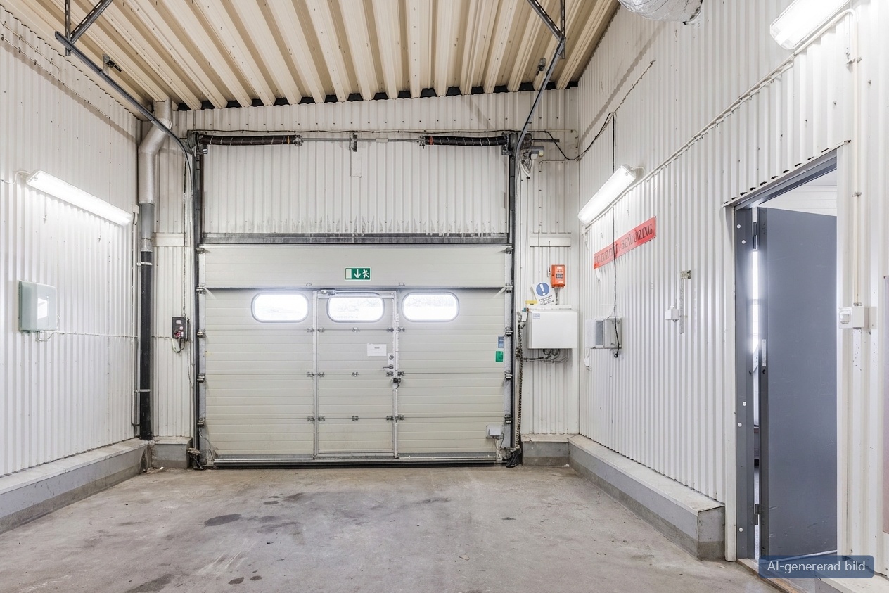 Ett tomt industrigarage med vita väggar av korrugerad plåt, en stängd taklucka med fönster, stark belysning och synliga takbjälkar.