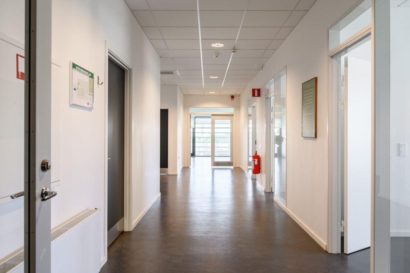 En ljus, modern hall med vita väggar, stängda och öppna dörrar, taklampor och en brandsläckare på höger vägg. Dagsljus strömmar in genom fönstren längst bort.